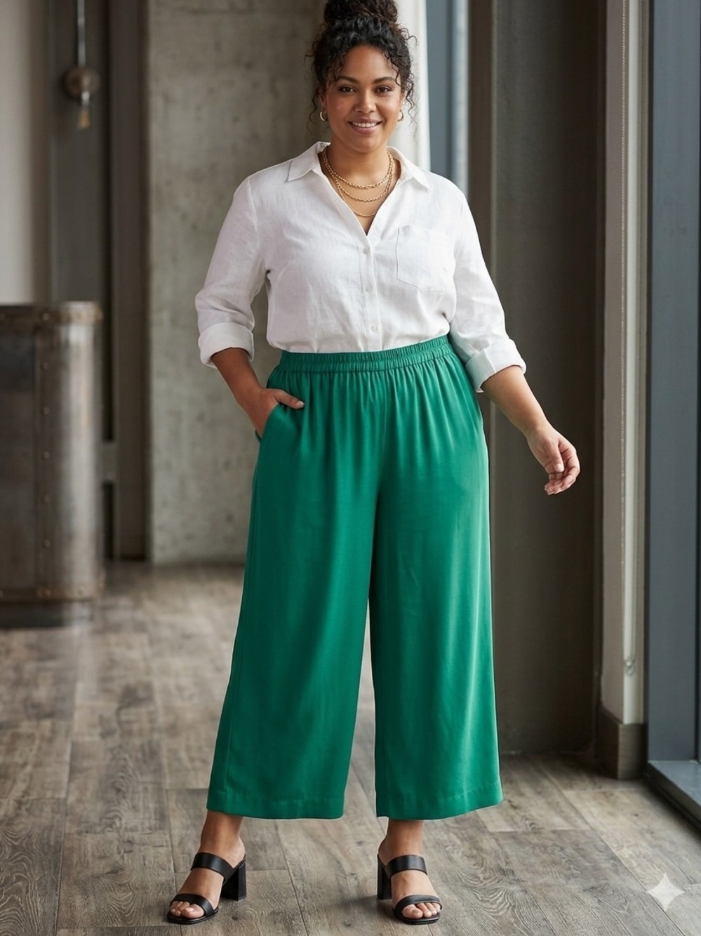 Essential Elements 100% Silk Wide Leg Culottes Emerald Green XL